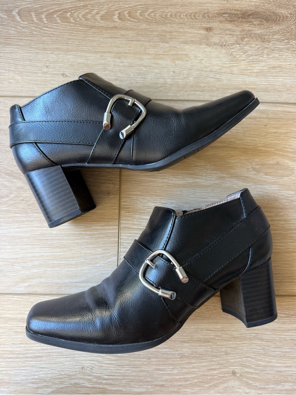 Black Leather Buckle Ankle Heels for Women